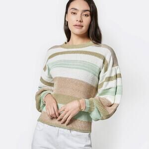 Joie Camisa Sweater Striped Balloon Sleeve Cotton Cashmere Blend Chunky Knit